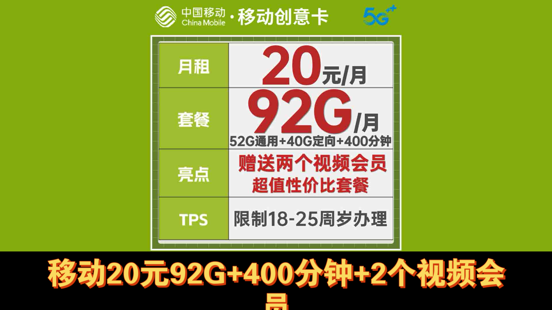 移动创意卡20元包92G全国流量+400分通话+两个会员,自主激活,移动大流量卡推荐哔哩哔哩bilibili