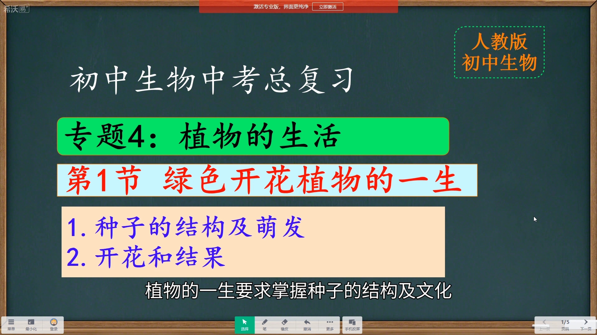 [图]初中生物中考会考复习专题4植物的生活第1节绿色开花植物的一生 种子的结构及萌发 开花和结果