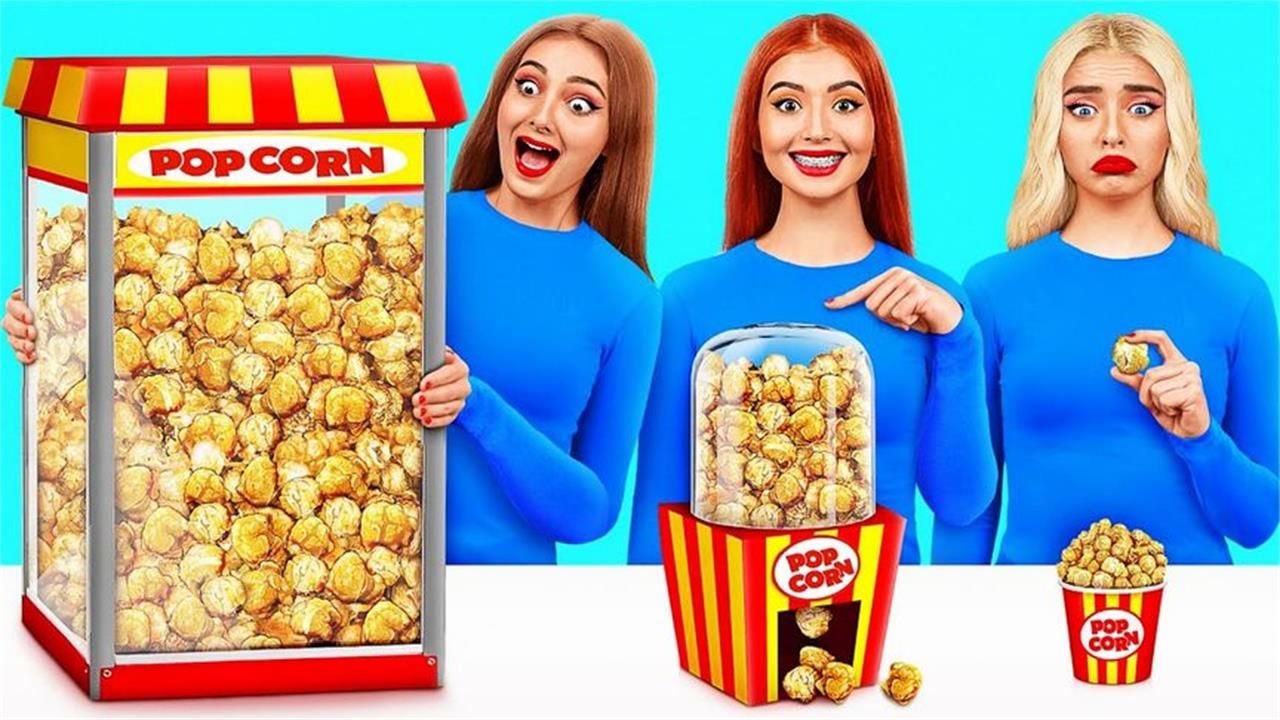 胶枪黑科技:大vs中vs小美食挑战,怪味爆米花pk超辣口香糖