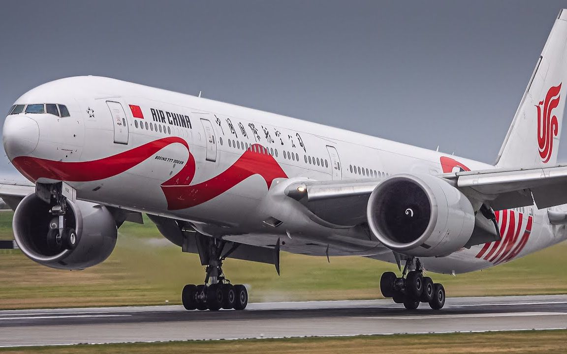 【4k】国航祖传艺能 标准的侧风着陆 爱中国彩绘777-300er降落温哥华