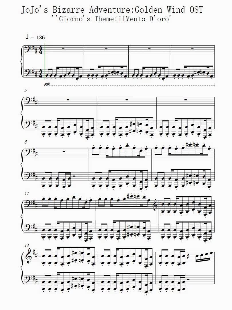 jojo的奇妙冒险 黄金之风处刑曲钢琴谱简谱