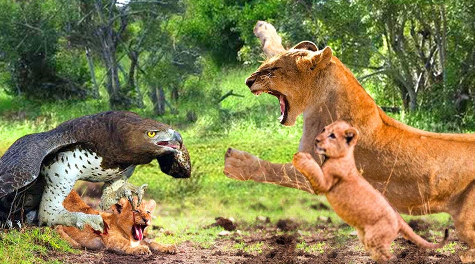 狮子母亲的无助,以保护她的幼崽免受鹰突然而疯狂的攻击!