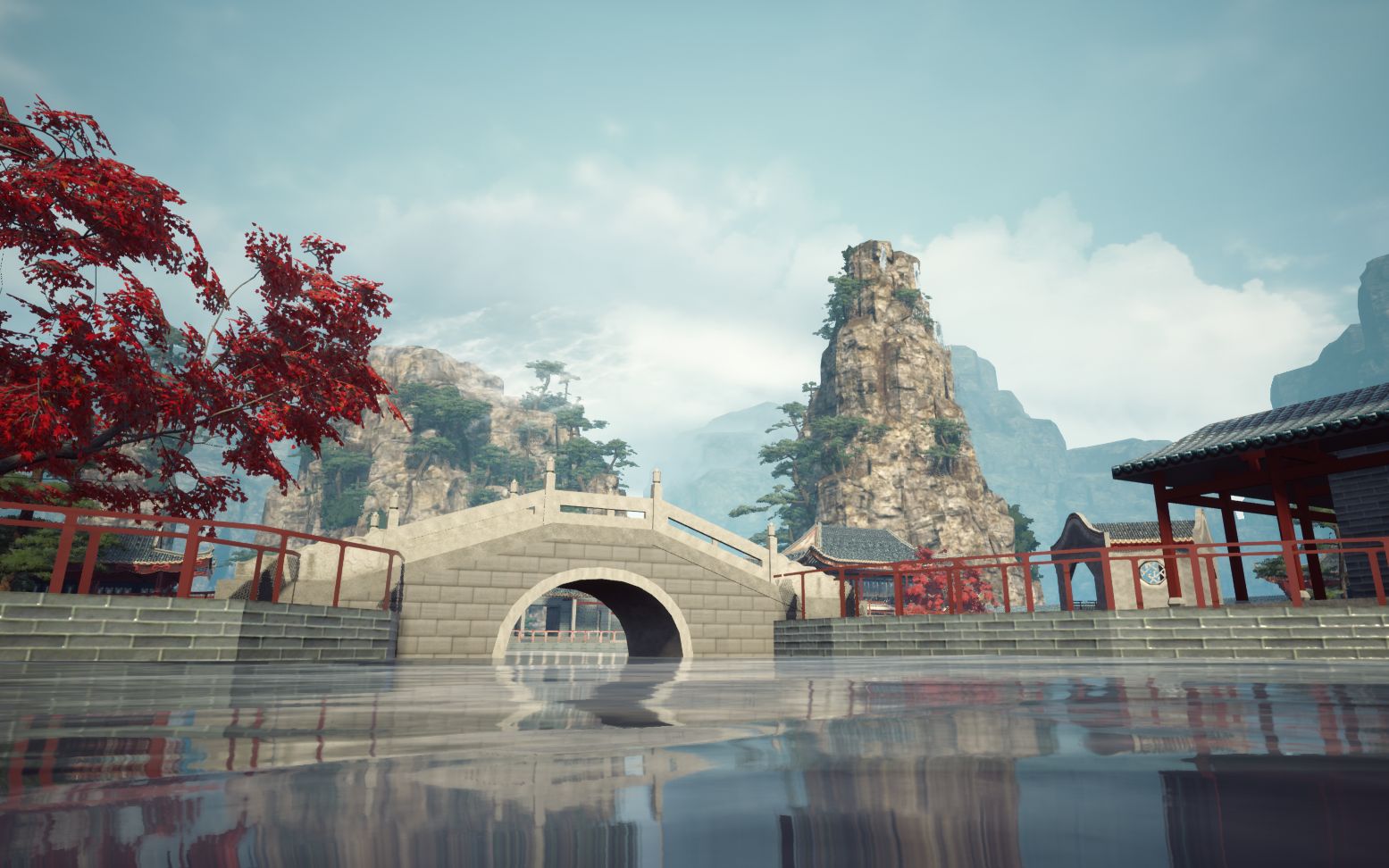 ue4虚幻4中国古代风山水公园庭院东方江南风建筑景观漫游动画场景3d