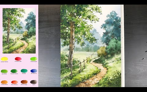 风景水彩画 - 公园森林道路(2 倍速度,颜色名称视图)-- namil art