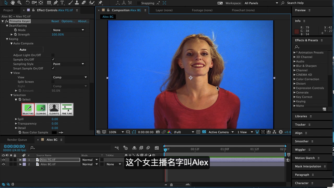 萌老师讲ae—抠像模块03·primatte抠像基础教程 alex毛发飘飘的女