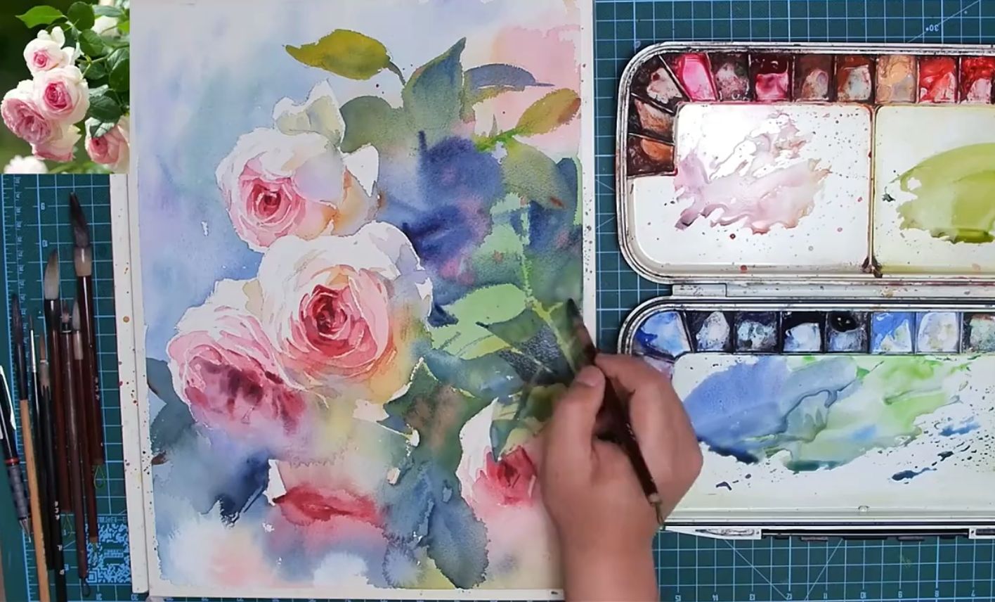 画画的肥龙水彩花卉技法示范课程 玫瑰技法分解 龙沙宝石水彩绘制课程