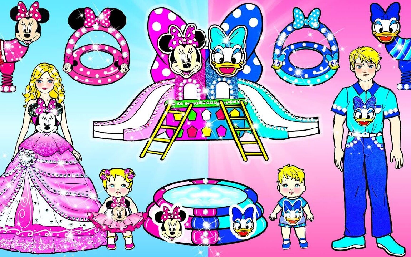 纸娃娃动画:为小公主小王子diy米妮vs唐老鸭游乐场,你更喜欢哪个