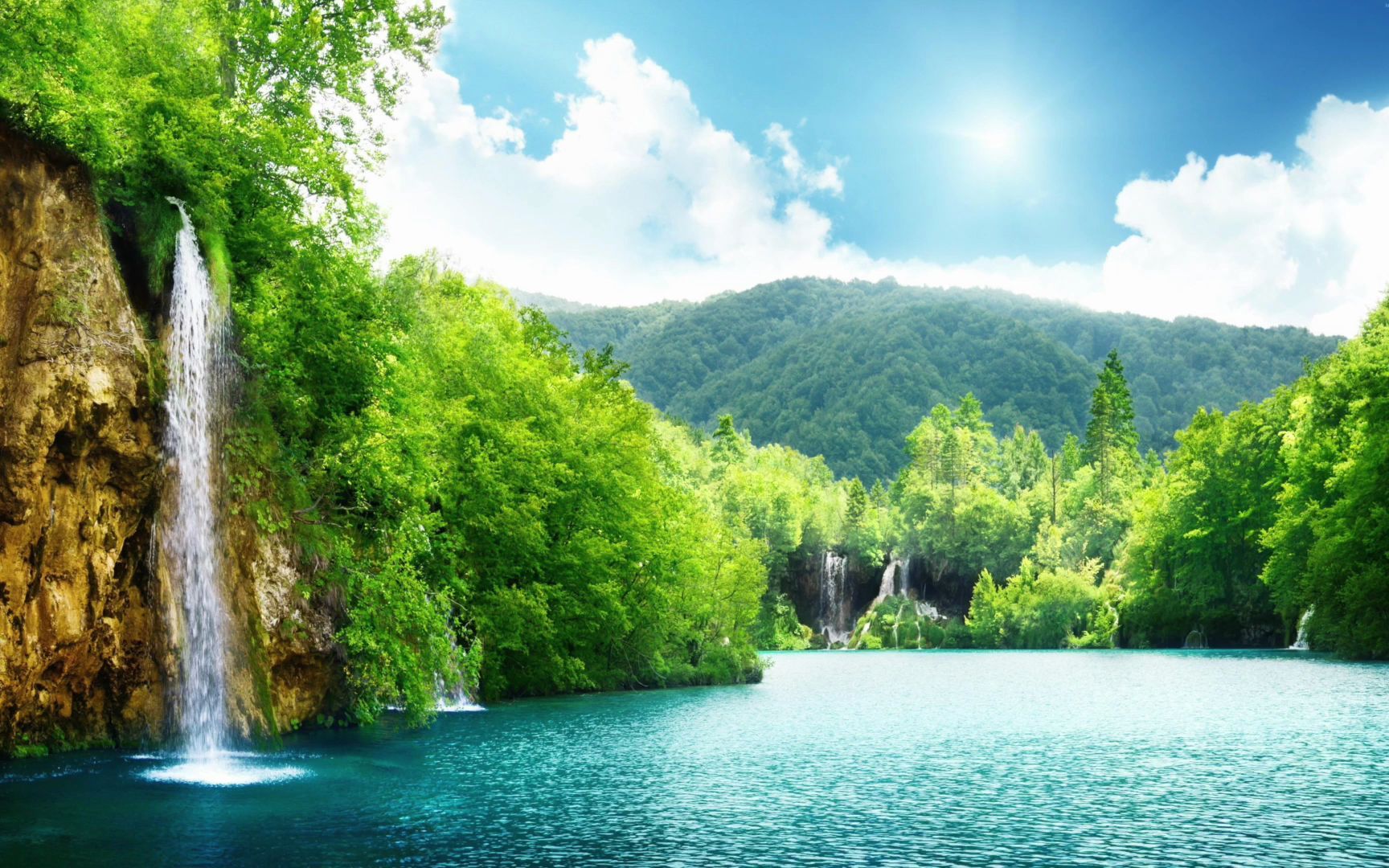 4k-自然风光,湖,海,水,瀑布,岩石,山,太阳,云,天空,森林