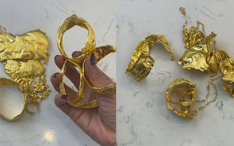 女子晒结婚时金首饰,徒手捏瘪4镯子直呼解压,网友-薄成这样?