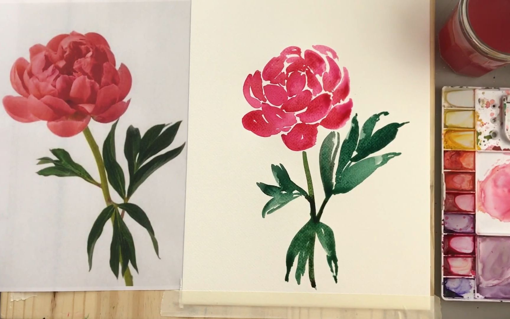 【手绘水彩教程】花卉水彩过程-牡丹(简单的画花卉过程哦)