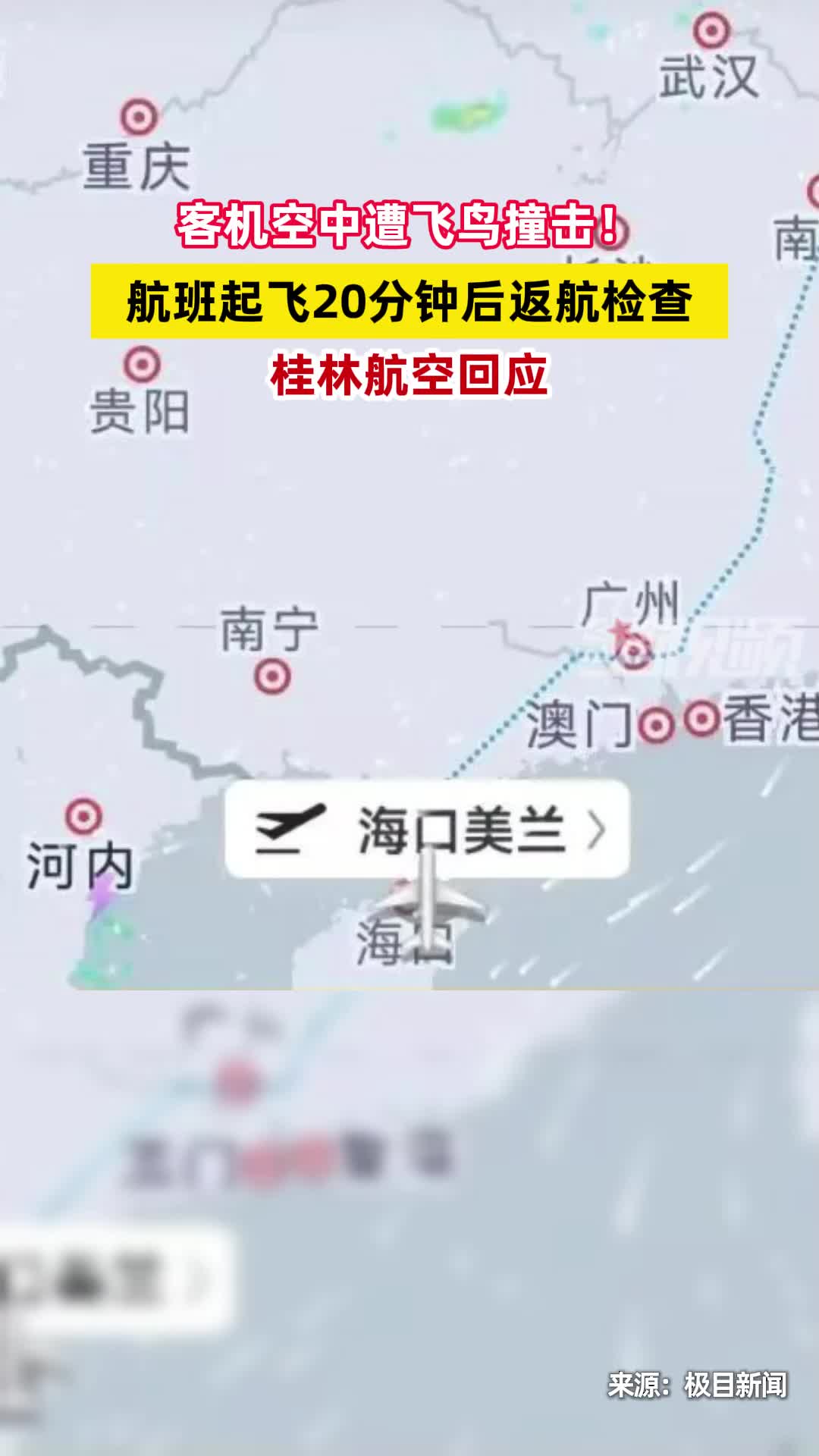 客机空中遭飞鸟撞击！航班起飞20分钟后返航检查，桂林航空回应