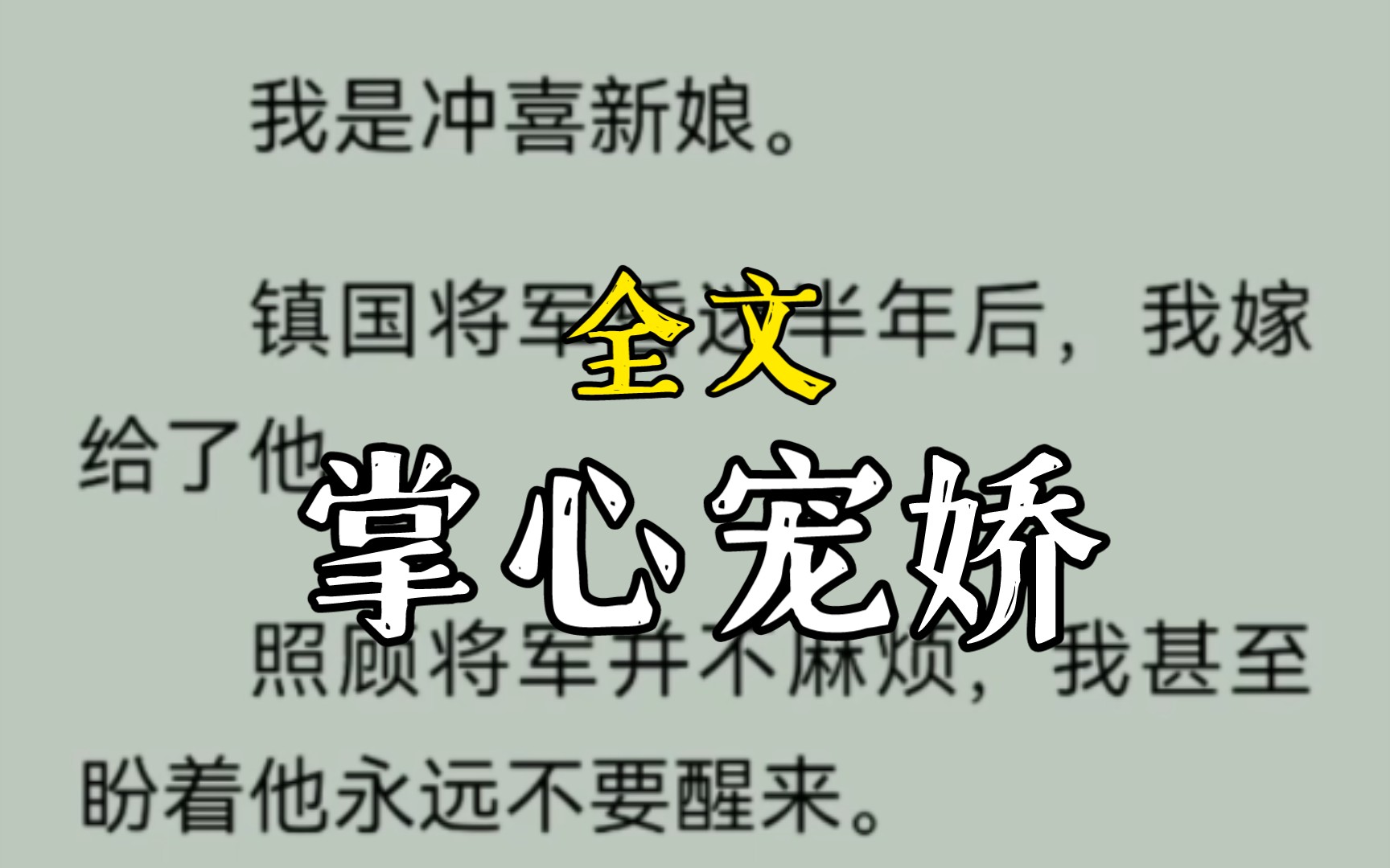 我是冲喜新娘.镇国将军昏迷半年后,我嫁给了他.照顾将军并不麻烦,我甚至盼着他永远不要醒来.可是将军还是醒了,他似笑非笑地看着我....掌心...