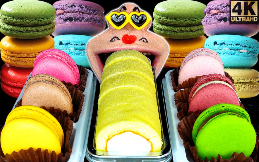 韩国吃播realmouth韩国便利店美食之软糯蛋糕卷77彩色马卡龙