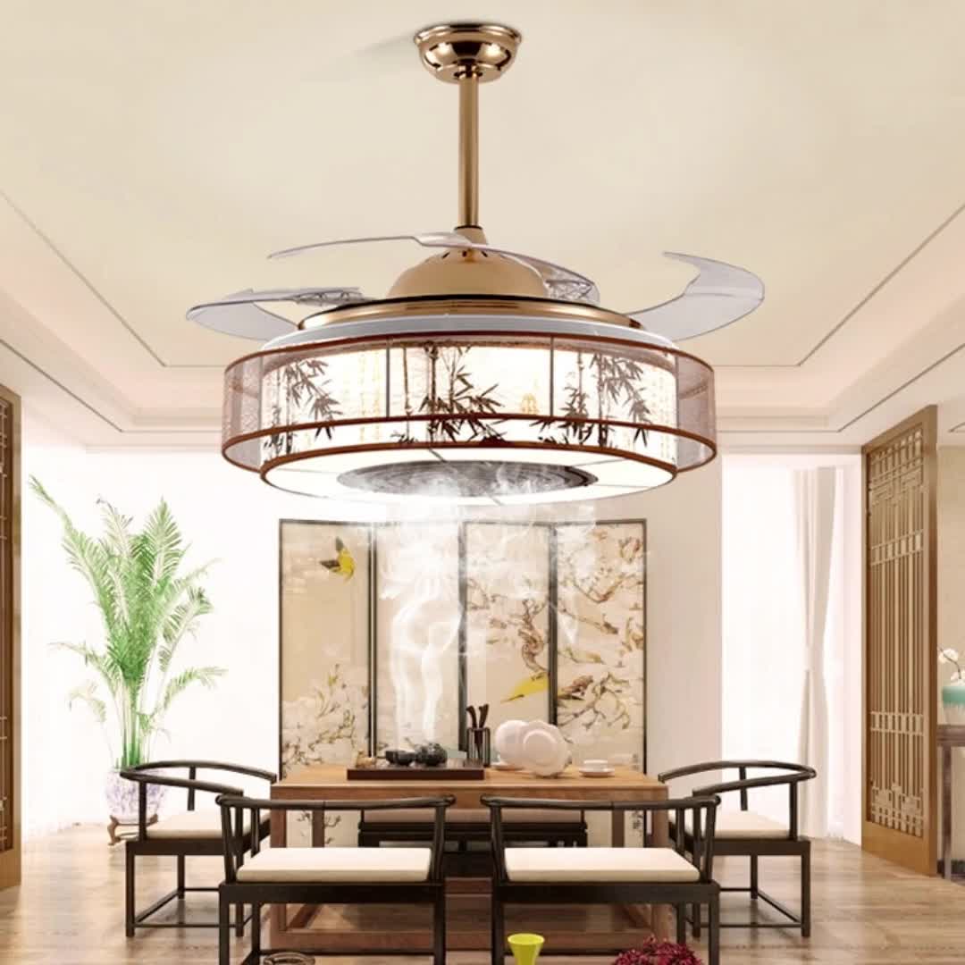 新中式棋牌室空气净化器灯麻将馆升降吊灯家用餐厅风扇灯伸缩7961