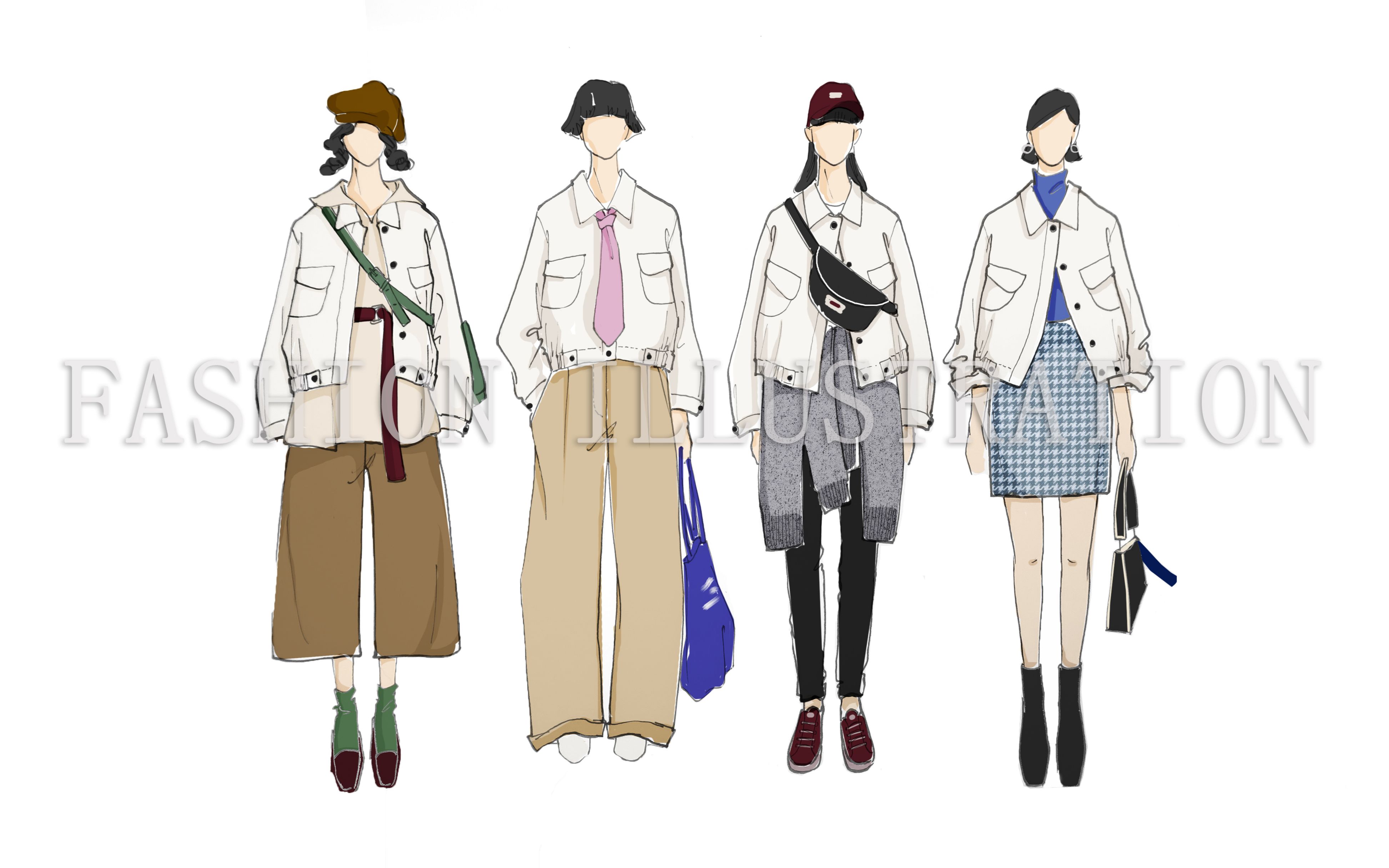 服装设计效果图ps上色 | 鼠标绘制 | 一件外套四套搭配