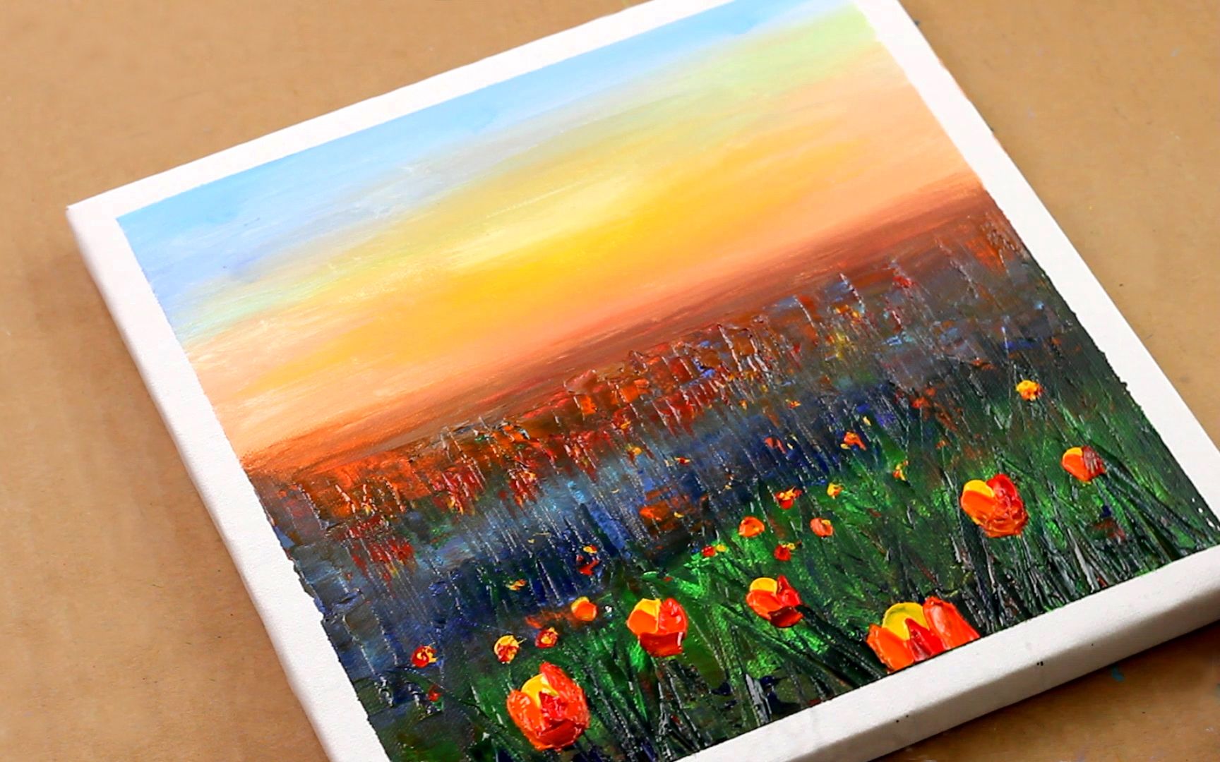 超简单的郁金香花田绘画技法教程,花卉绘画过程视频.