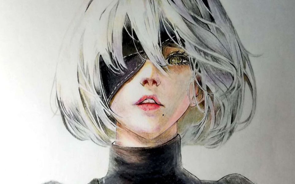 【手绘】彩铅画2b小姐姐(临摹)_哔哩哔哩 (゜-゜)つロ 干杯~-bilibili