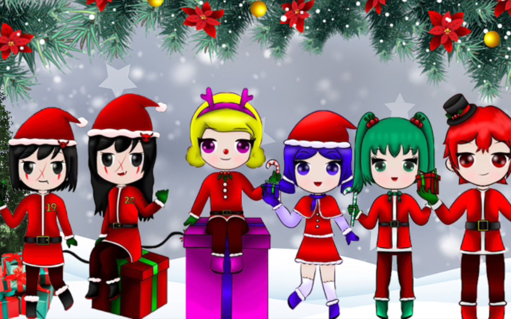 q版泡泡堂7的4个角色和托马斯的原创角色的圣诞服装的绘画过程