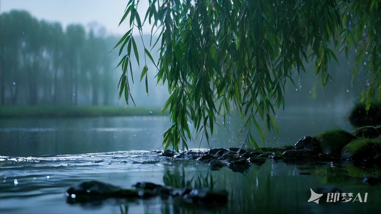 下雨天的湖边柳树