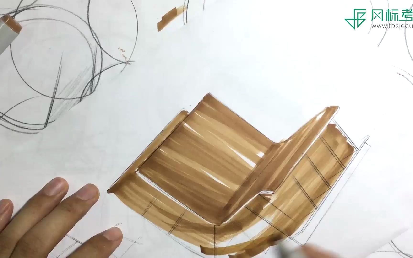 座椅(木质材质)马克笔上色效果图 | 工业设计考研手绘教程