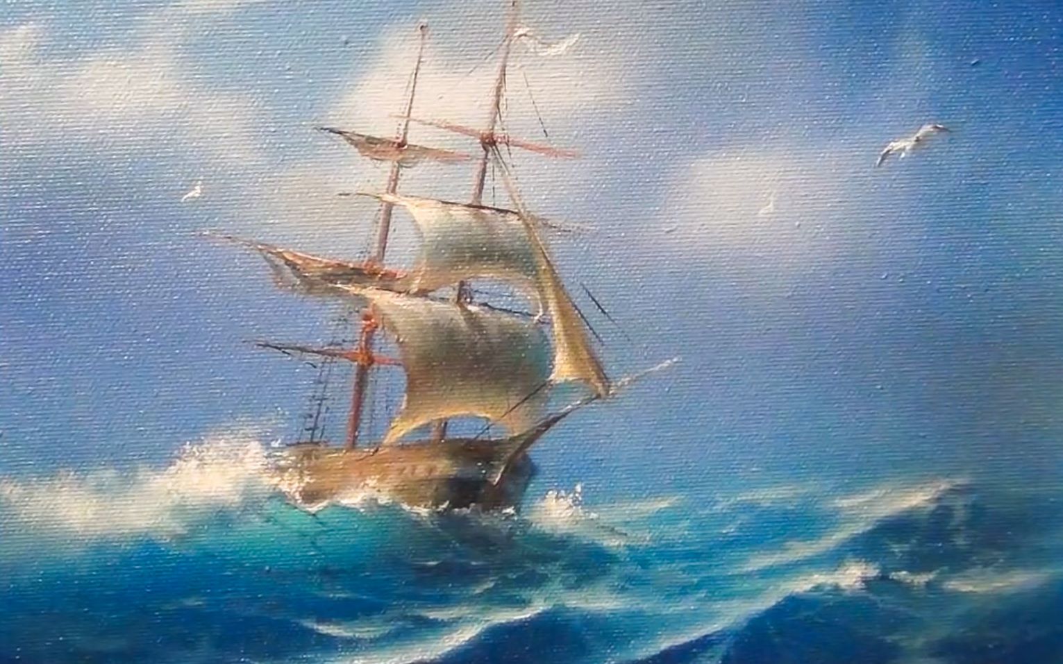 【海景油画】幽蓝神秘的大海,迎风破浪的帆船,展翅翱翔的海鸥