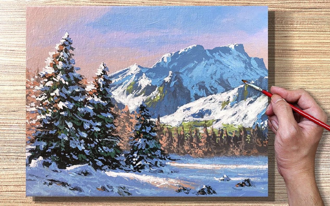 【丙烯画】【绘画教程】【中字】冬天的松树Acrylic Painting Winter Pine Trees Landscapech哔哩哔哩bilibili