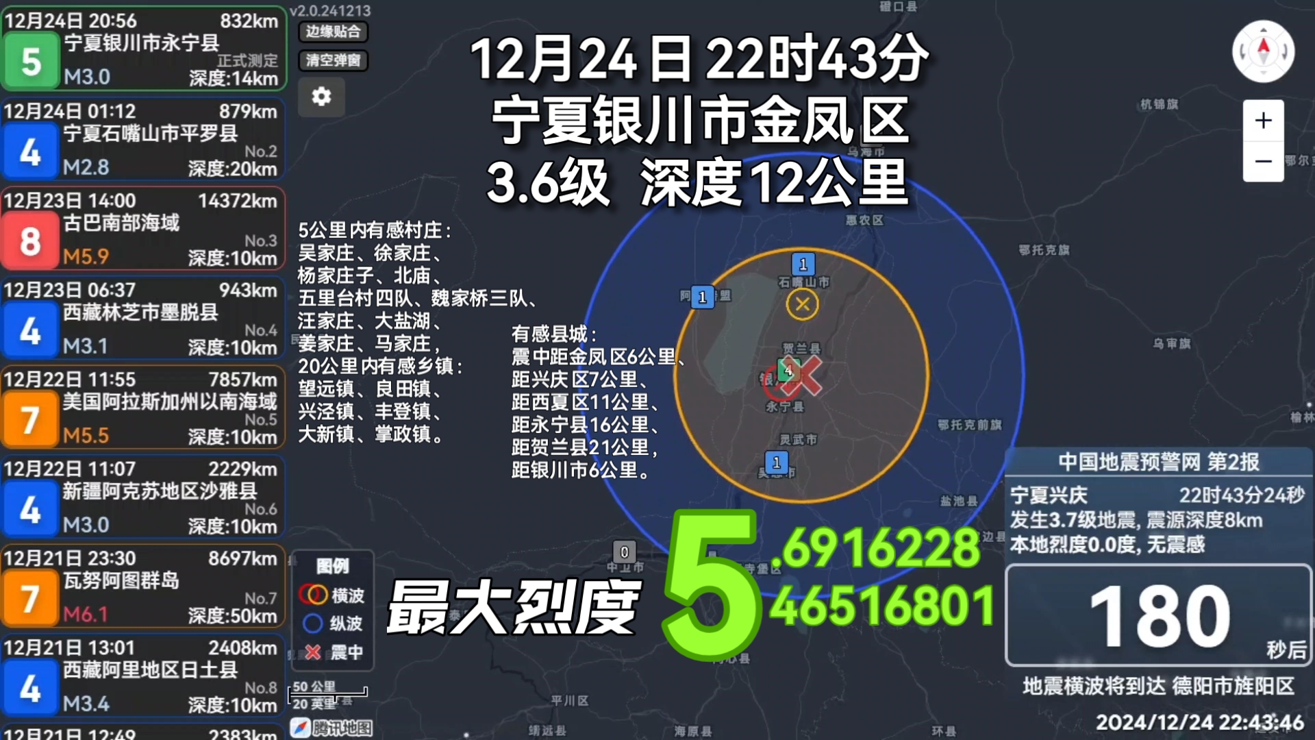 [最大烈度5] 12月24日 22时43分 宁夏银川市金凤区发生3.6级地震,震源深度12公里哔哩哔哩bilibili