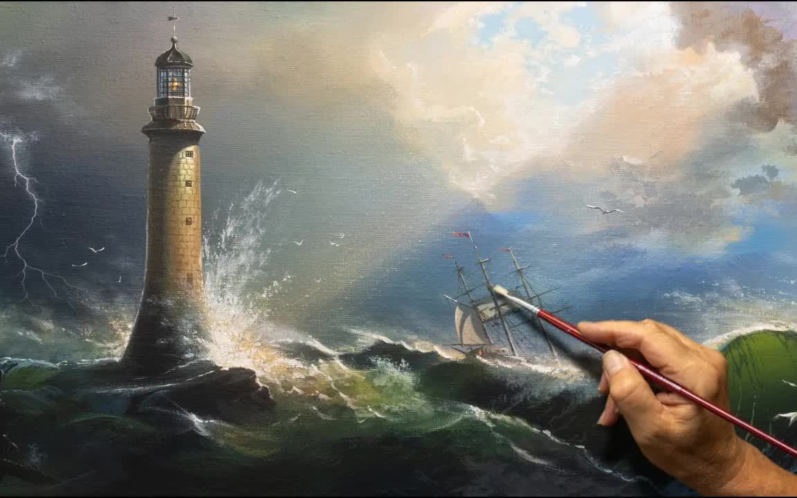 【丙烯画】海上风暴海景,灯塔,船,如何绘画,简单艺术!