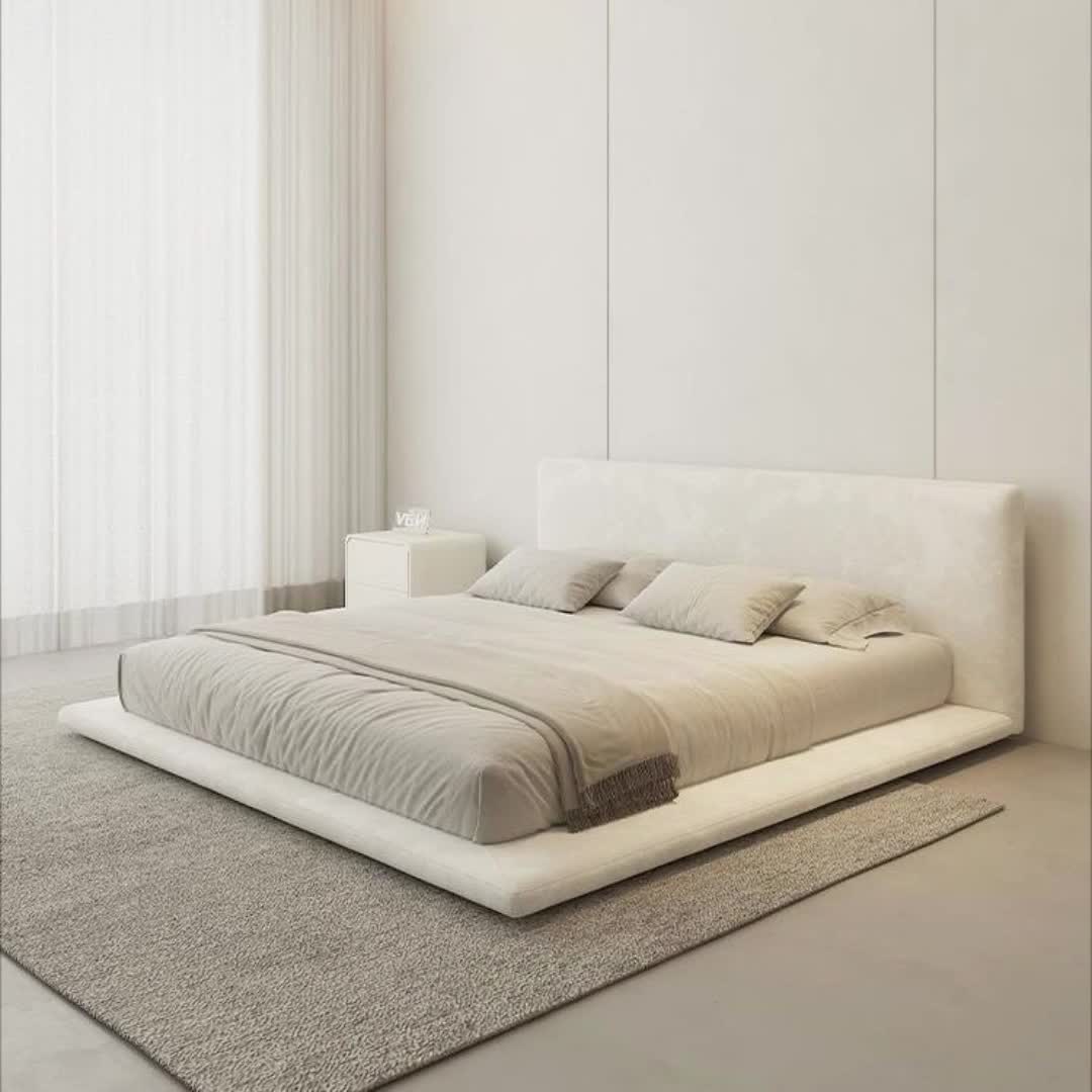 极简榻榻米落地布艺床现代简约双人床奶油风白色轻奢床网红次卧床