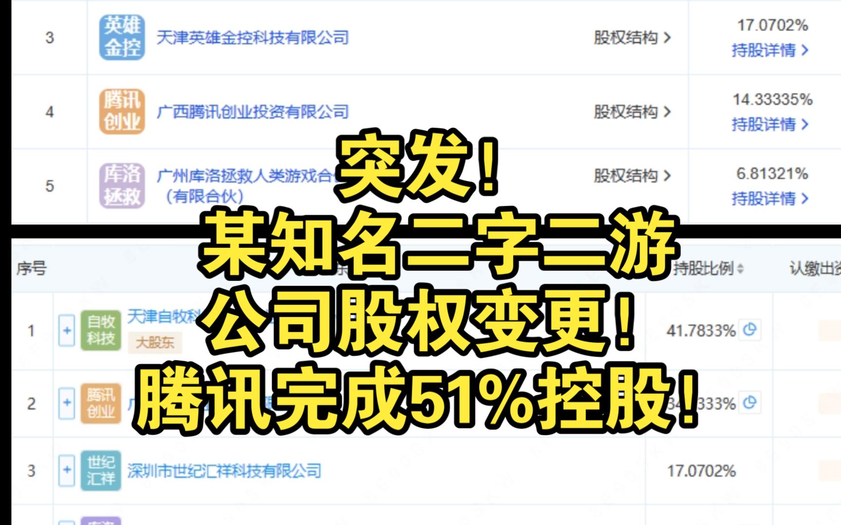 突发!某个知名二字二游的公司股权变更,腾讯完成51%控股!游戏杂谈