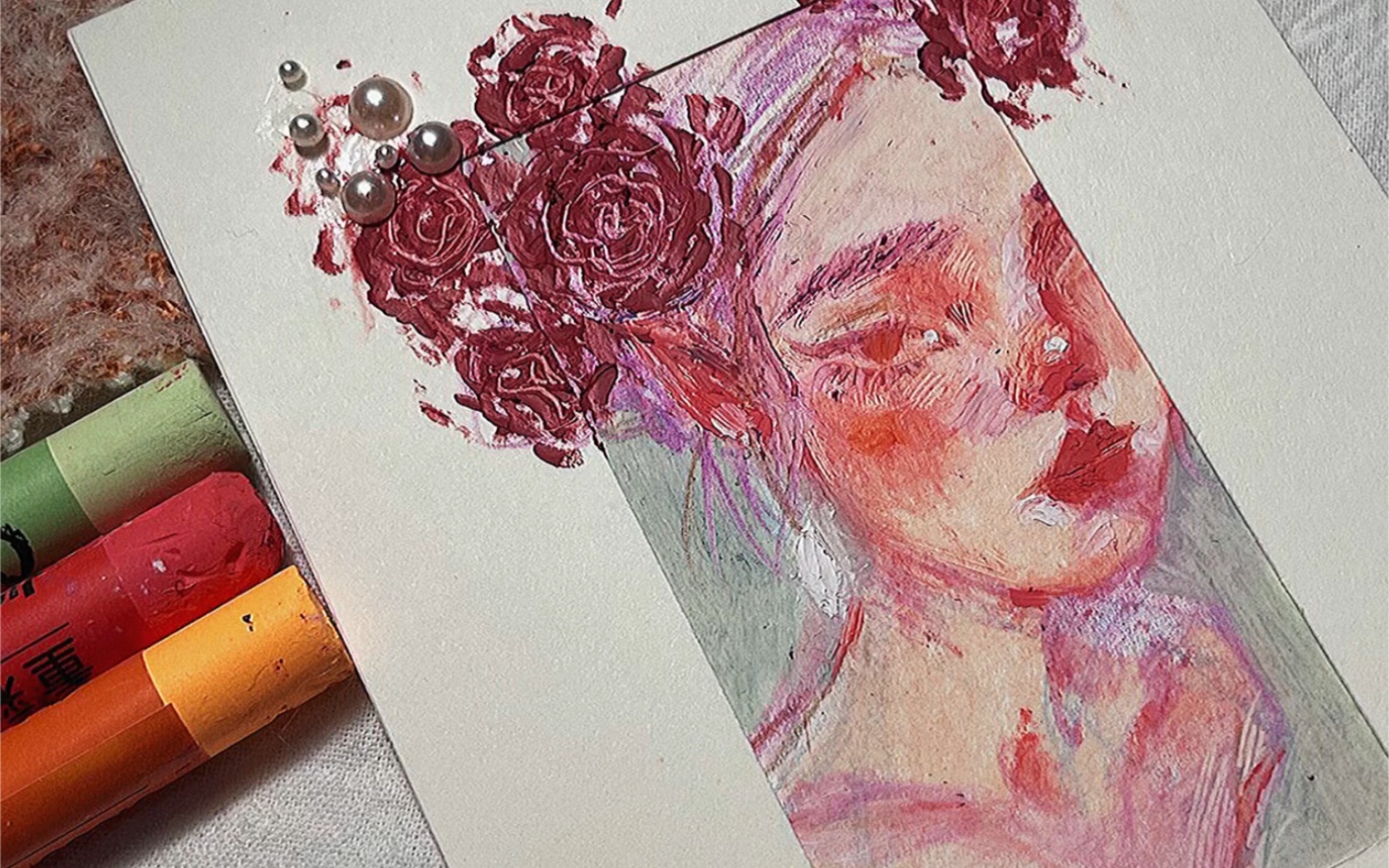 油画棒|今日份玫瑰(绘画教程)轻复古风_哔哩哔哩_bilibili