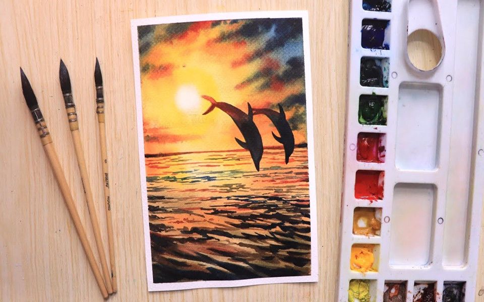 【水彩】水彩画美丽的日落和海豚