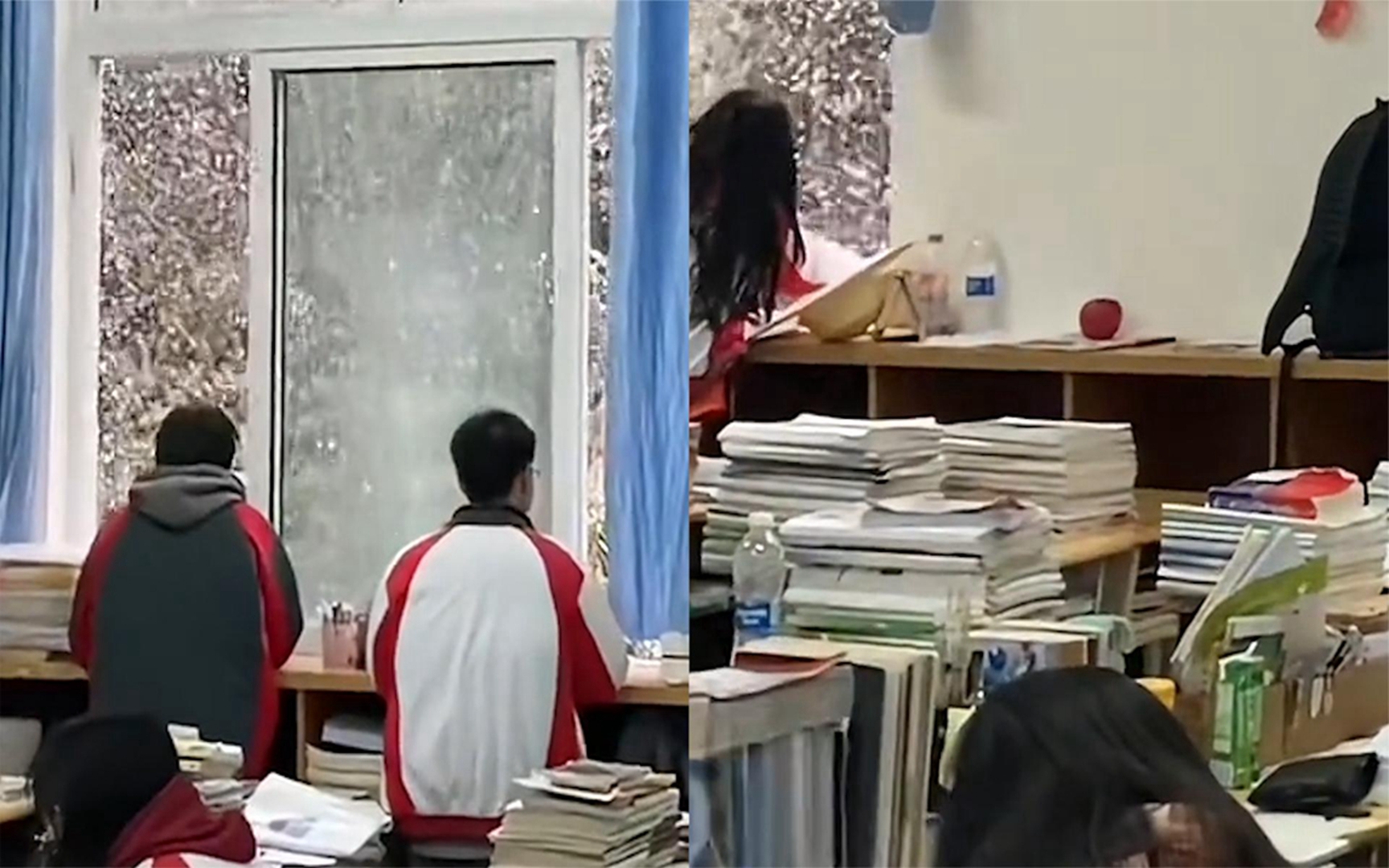 教室外突然下起樱花雨,学生挤到窗边围观忍不住感叹,青春的画面