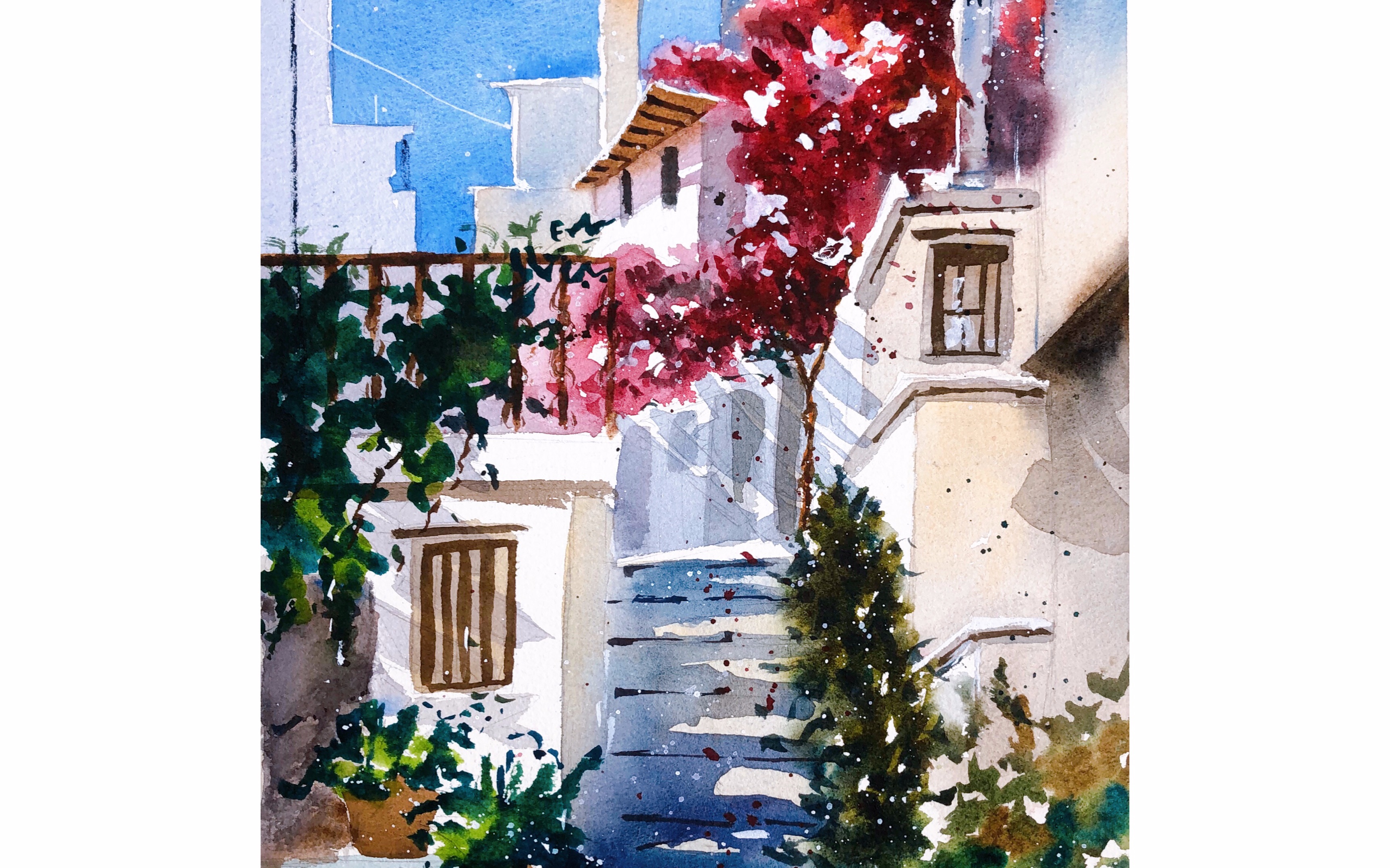 水彩欧式洋房水彩画光影的画法三角梅的画法