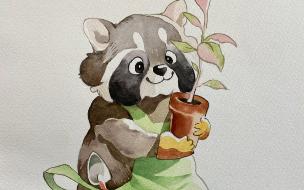 水彩作品《小浣熊》.