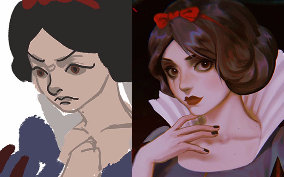 板绘厚涂黑童话白雪公主菜鸡现场掉粉预警