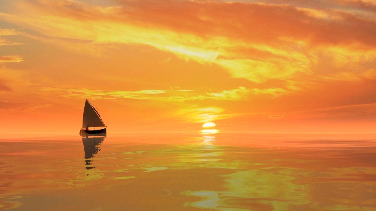 海边落日小船如童话般的梦境.