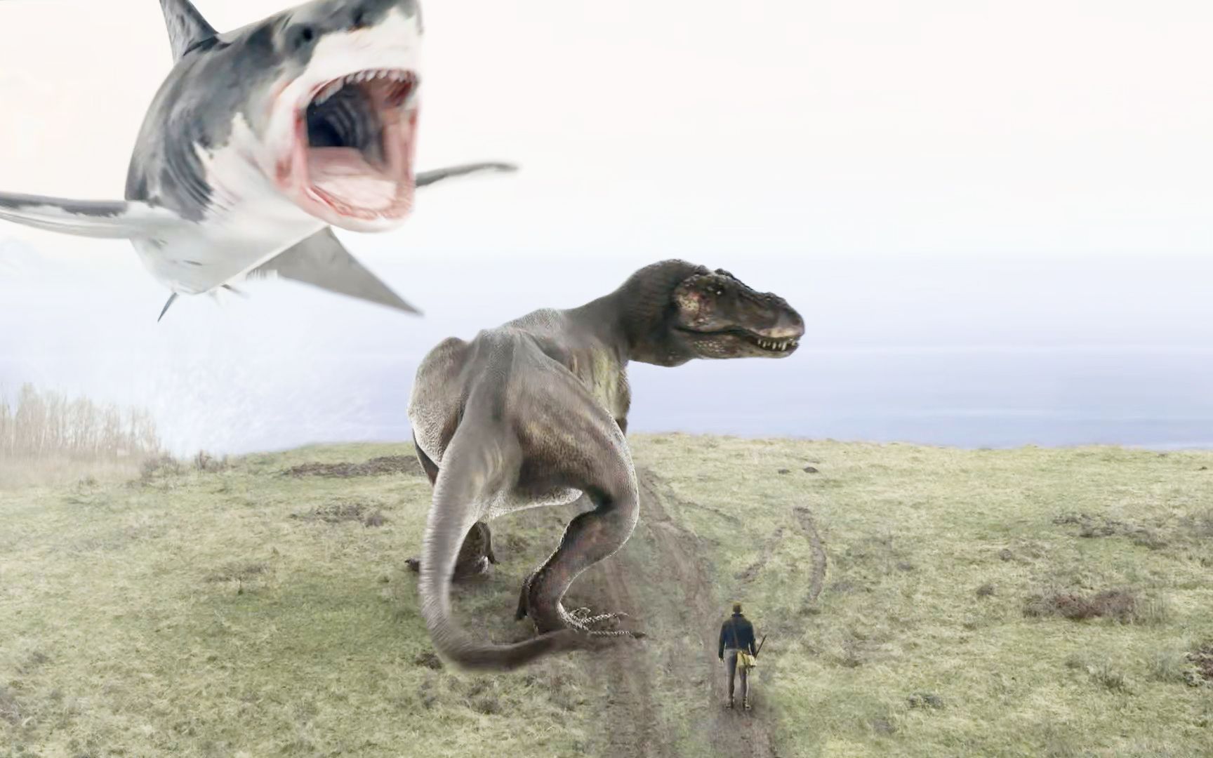 小伙为了消灭鲨卷风来到恐龙时代,霸王龙见到鲨鱼跪了,科幻片