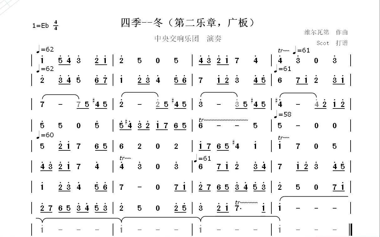 [图]【维尔瓦第小提琴协奏曲】四季-冬（第二乐章，广板）--中央交响乐团演奏--动态简谱