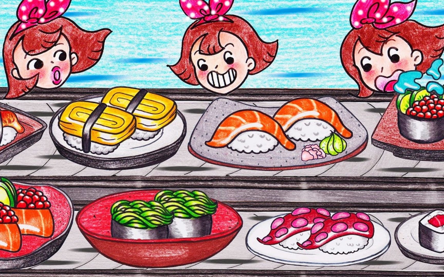 趣味定格动画:朵朵打卡美味日料店,品尝丰盛的旋转寿司大餐!