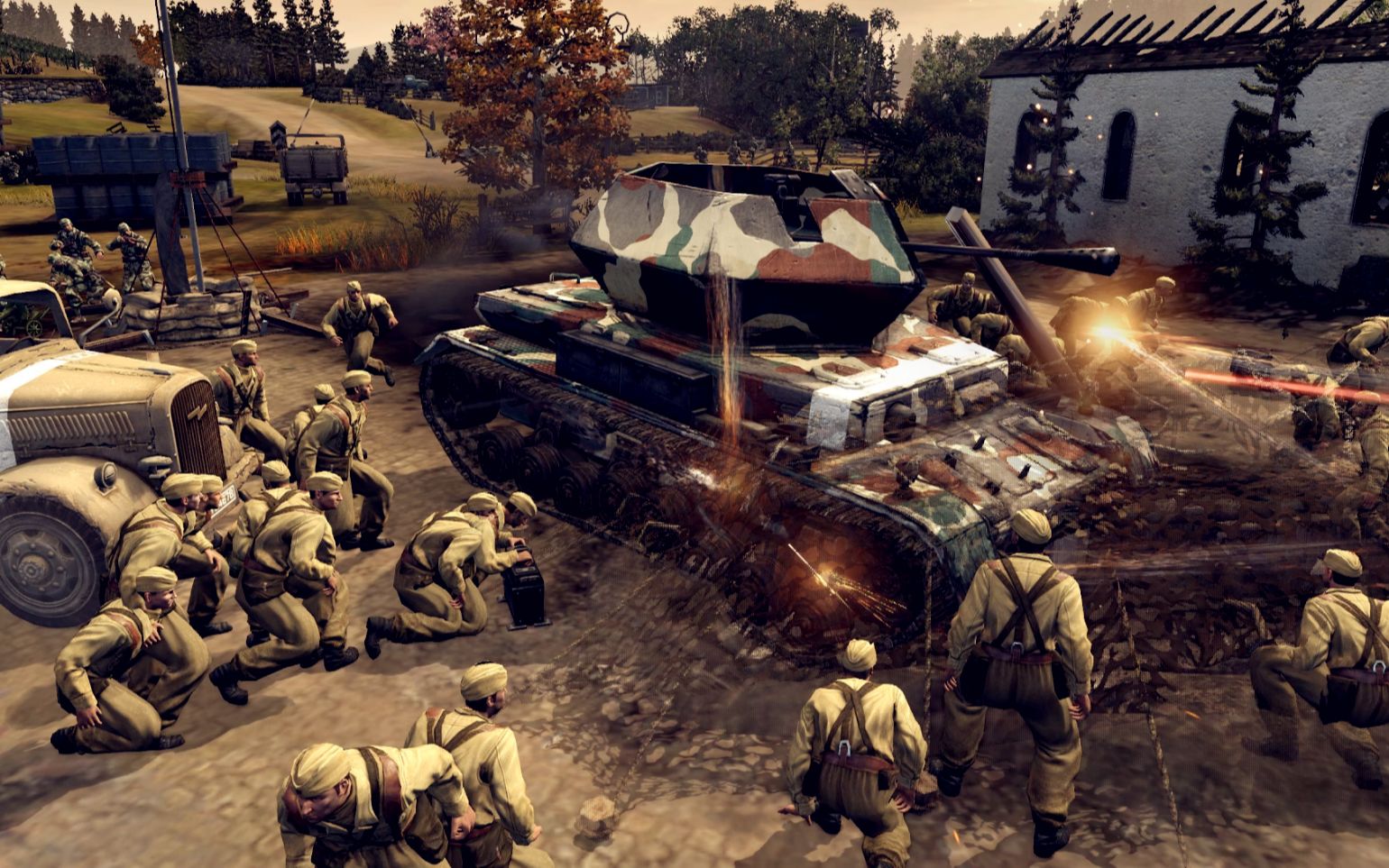 英雄连2:一辆东风防空车落入坦克陷阱,大刀队立即冲上去埋炸弹_哔哩