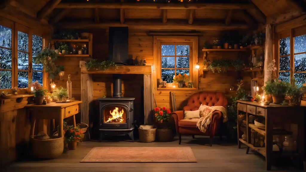 舒适温暖的小屋氛围劈柴燃烧声暴风雪呼啸的冷风声有于治愈睡眠消除