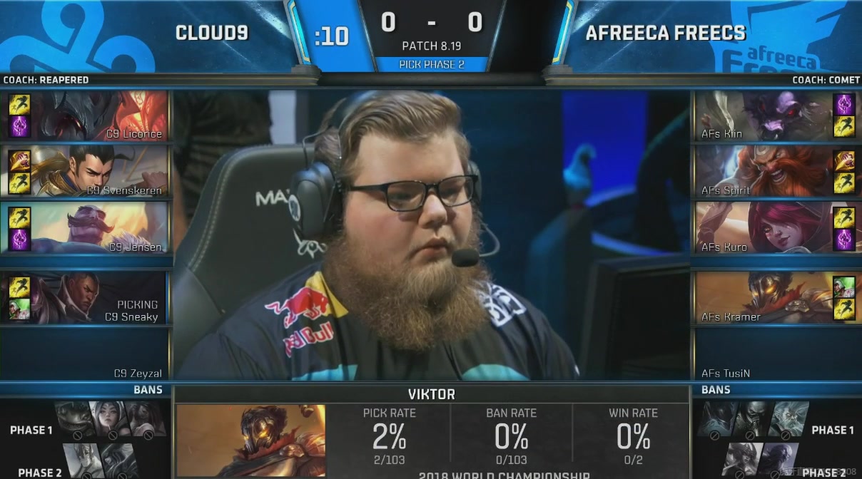 英雄联盟s8八强赛c9vsafs第一场kuro上线上交闪现对线被单杀jensen