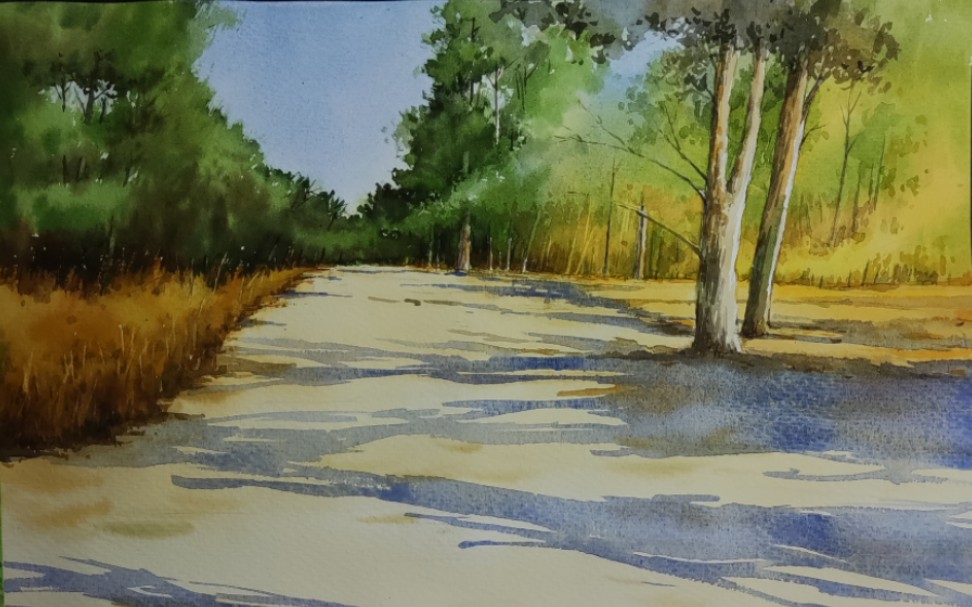 【周知水彩】秋天·树林·马路