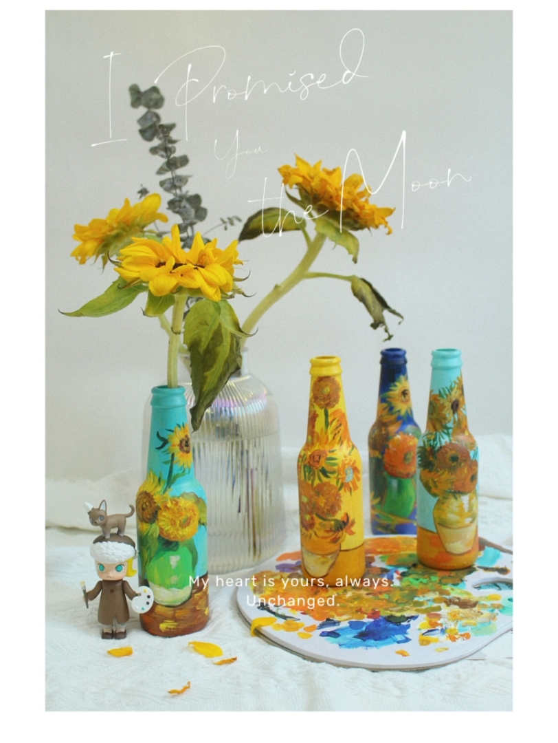 旧物手绘改造|用玻璃瓶画梵高的向日葵97