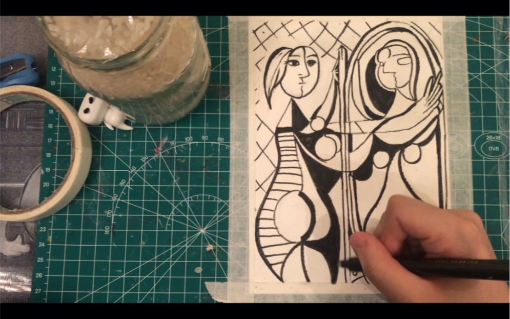 【临摹】毕加索《镜前少女》水彩笔 油画棒 一点点彩铅 一点点丙烯