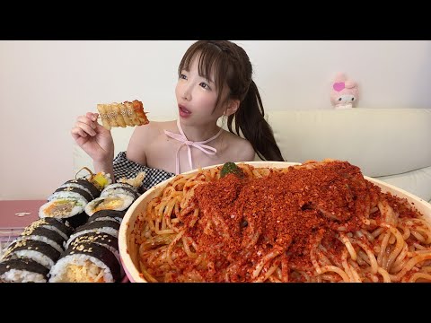 【萌梓】【大胃王】韩国珠面烤肉紫菜包饭【もえ梓】(2020年8月8日19