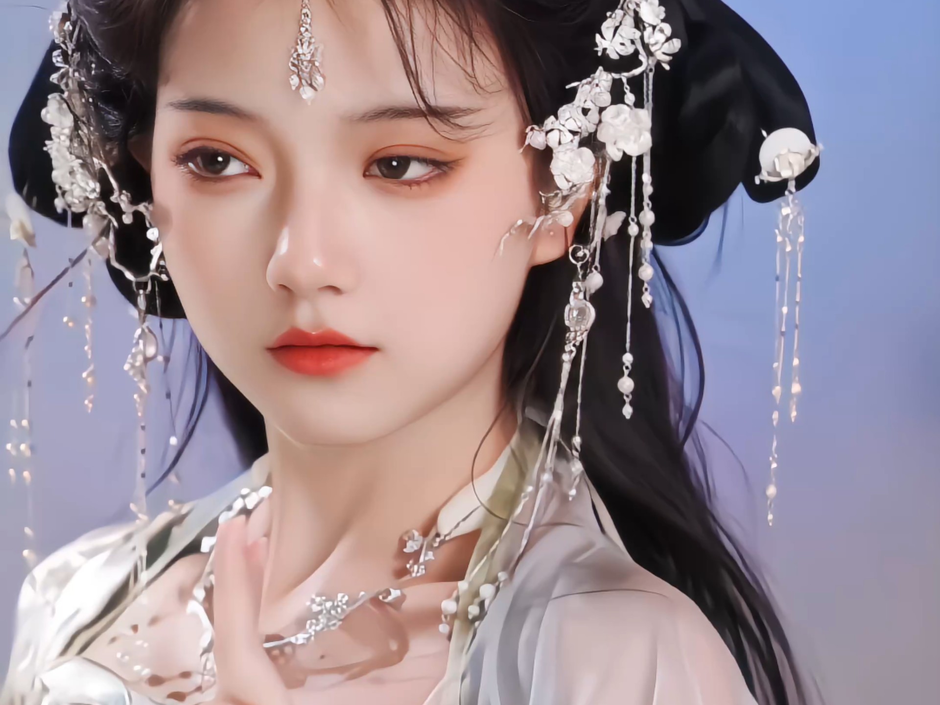 《冰绡云纱曳蓝韵 银璎珠链绾青丝——五帧汉服佳人谱绘清雅灵韵》以