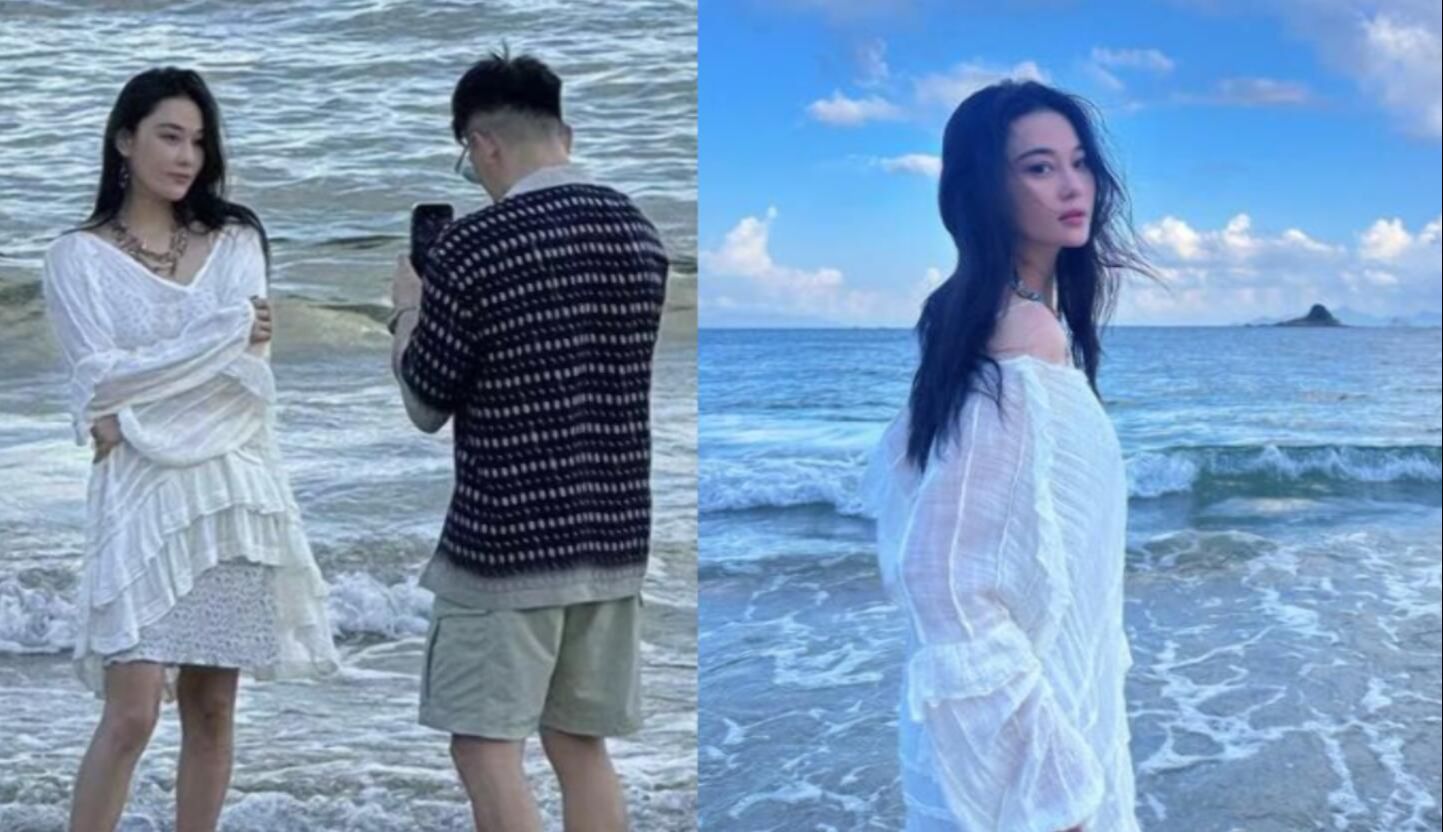 偶遇张馨予夫妇海边度假,何捷给老婆拍照好认真,张馨予望夫眼全是爱