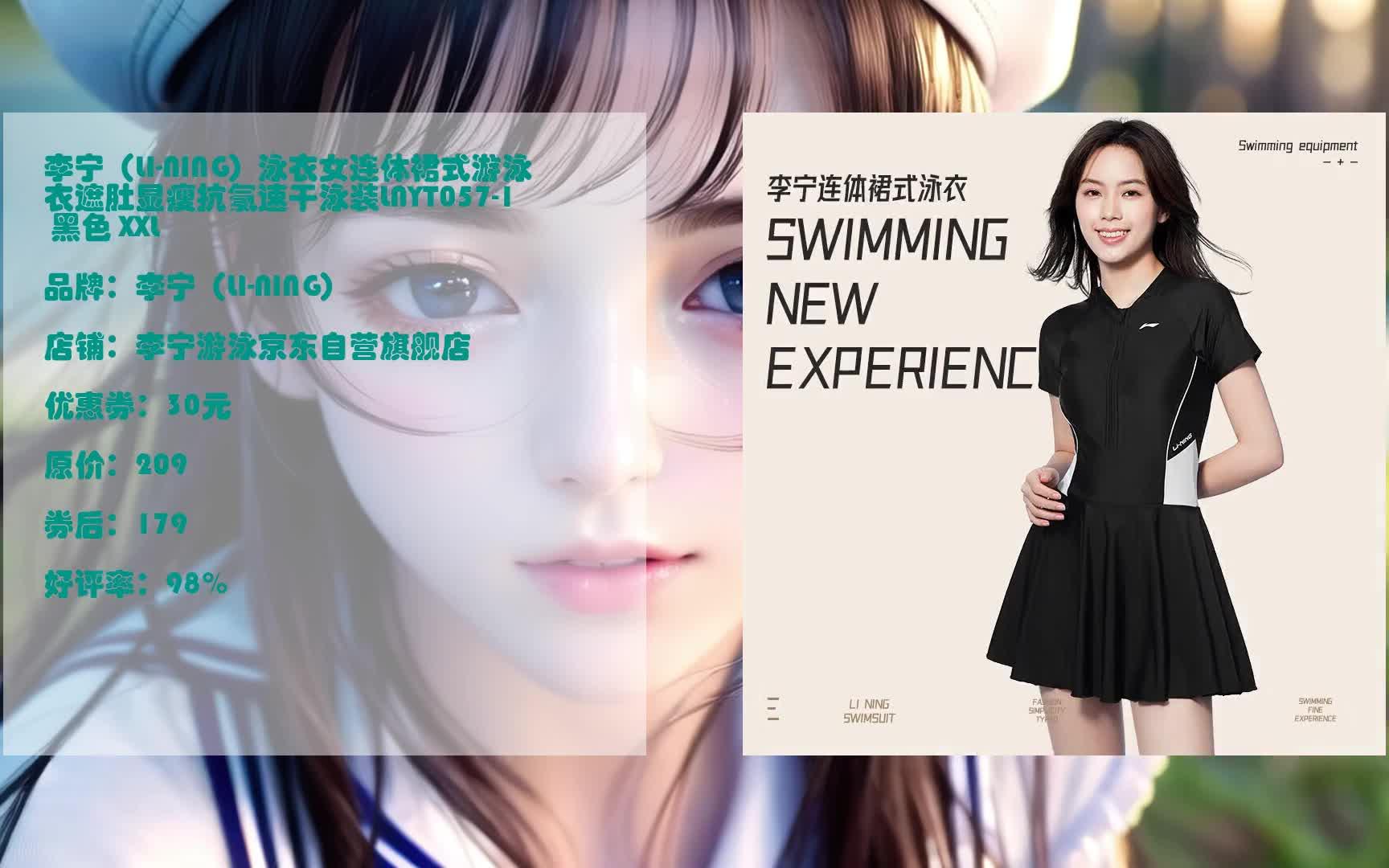 京东优惠券,好券发不停李宁(li-ning)泳衣女连体裙式游泳衣遮肚显瘦抗